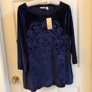 Chico’s Embossed Blue Velour Top Size 2 NEW w TAG